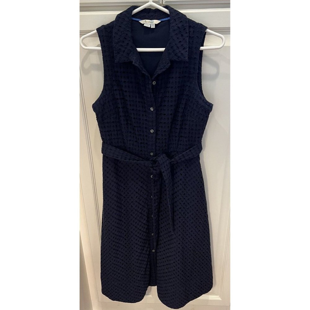 Boden Navy Blue Dress Sleeveless Button Front Tie Eyelet Collared Women’s Size 4